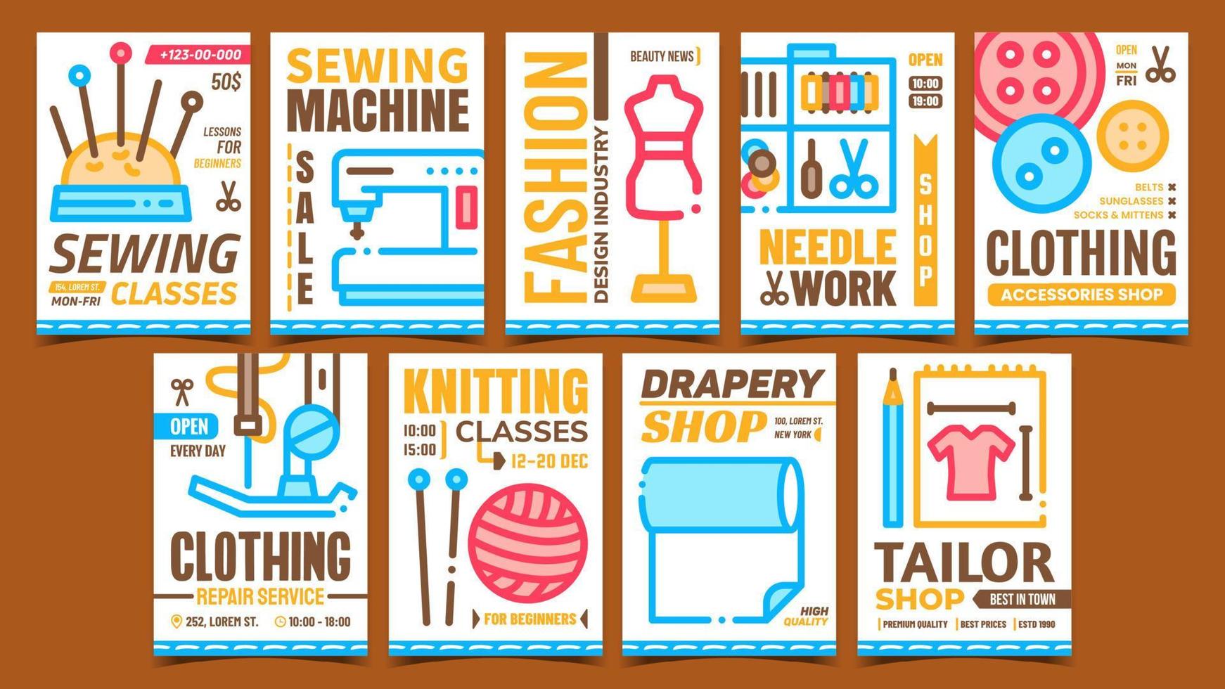 Sewing Creative Advertising Posters Set Vector