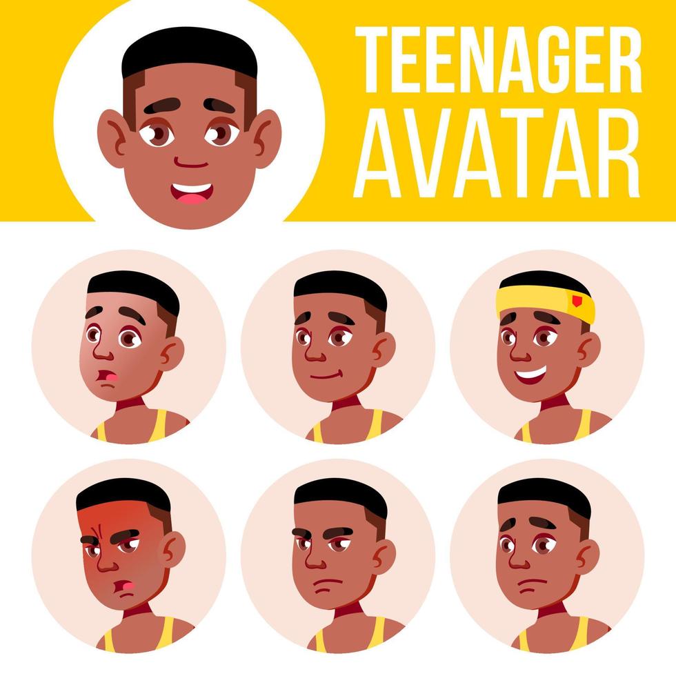 vector de conjunto de avatar de chico adolescente. negro. afroamericano. enfrentar las emociones. alto, niño alumno. pequeño, júnior. ilustración de cabeza de dibujos animados