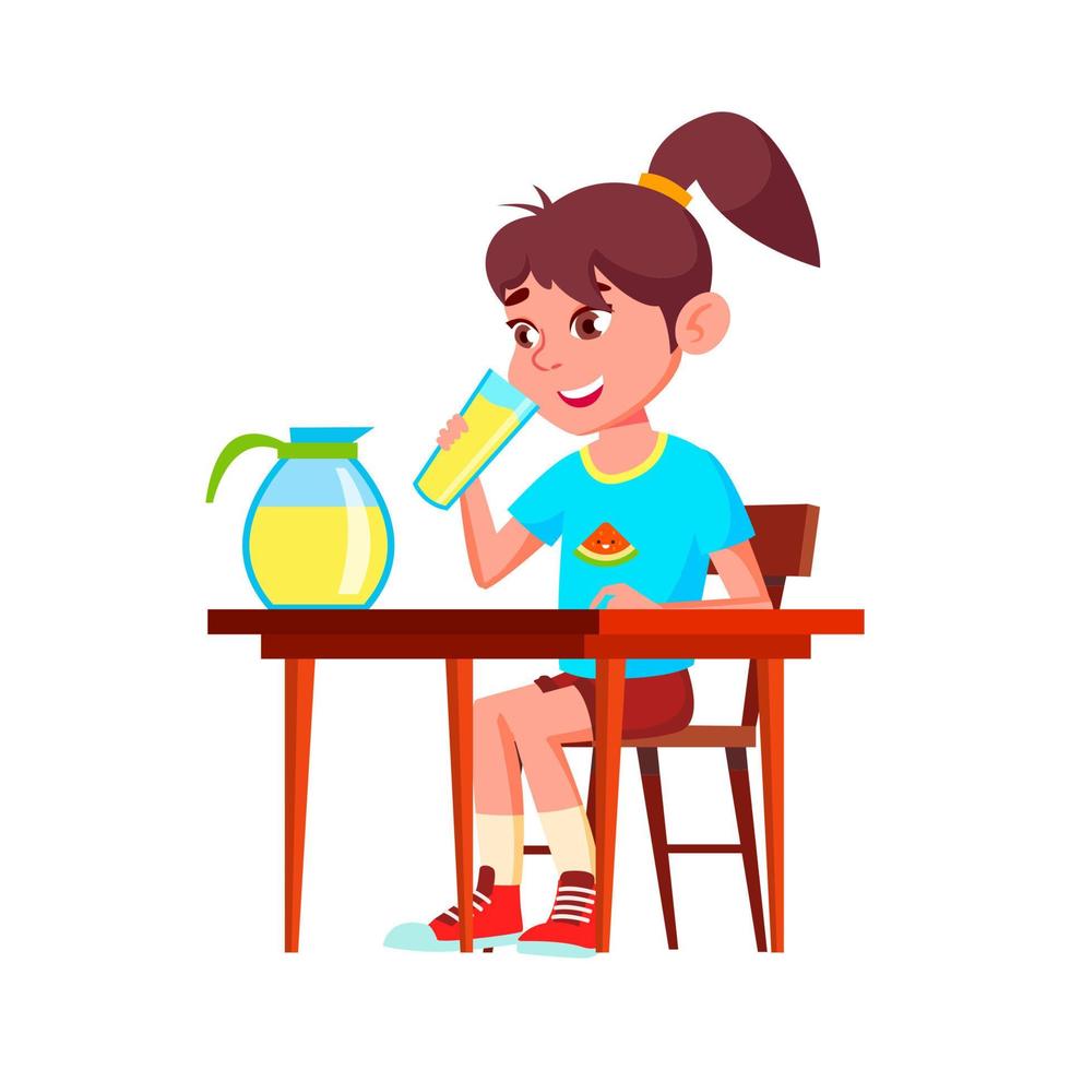 Schoolgirl Drinking Lemonade On Breakfast Vector