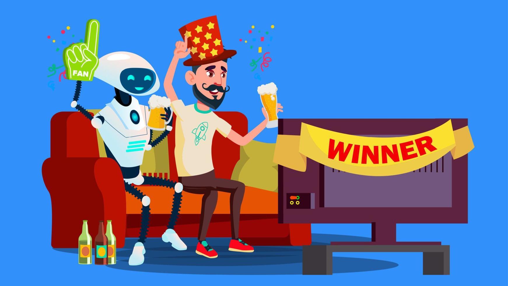 Robot Football Fan. Hat, Beer, Tv Screen With Friend Vector. Isolated Illustration vector