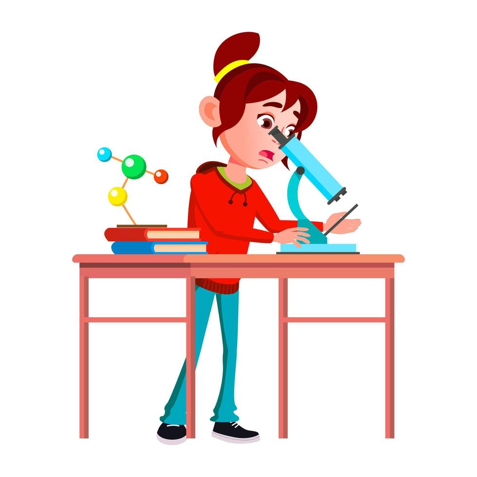 Schoolgirl Scientist Research By Microscope Vector