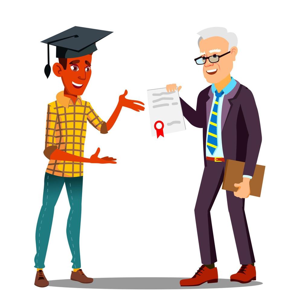 Rector Presenting Diploma To Happy Student In Graduate Cap Vector. Isolated Illustration vector