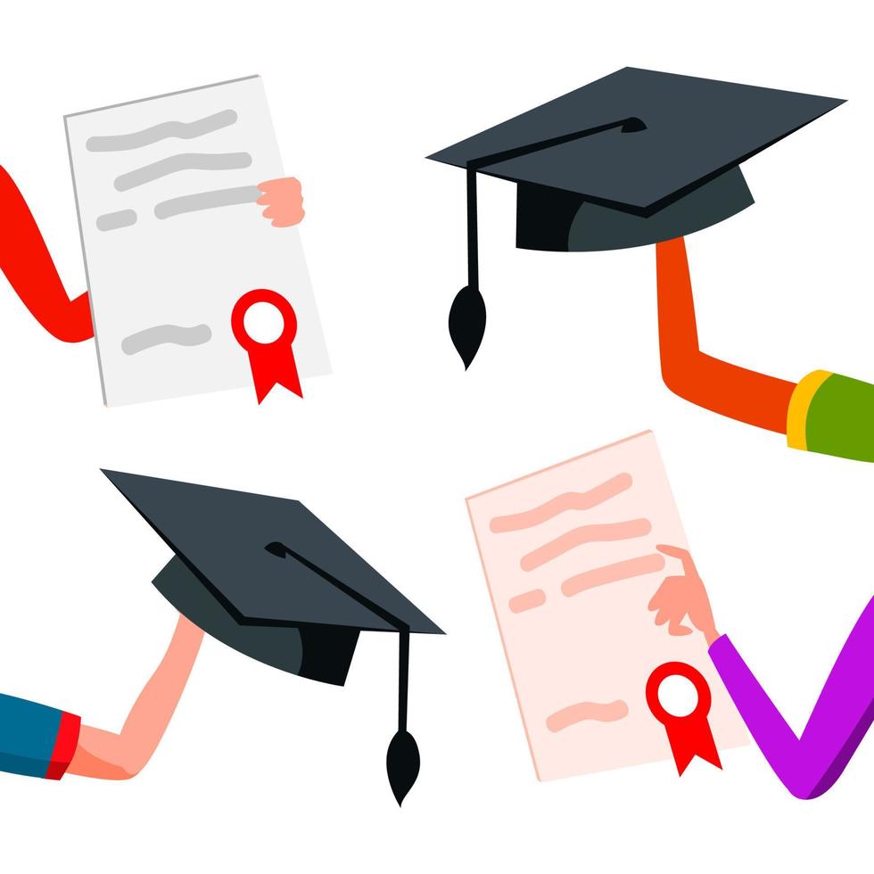 Student Hands Raised Up With Graduation Caps And Diplomas Vector. Isolated Illustration vector