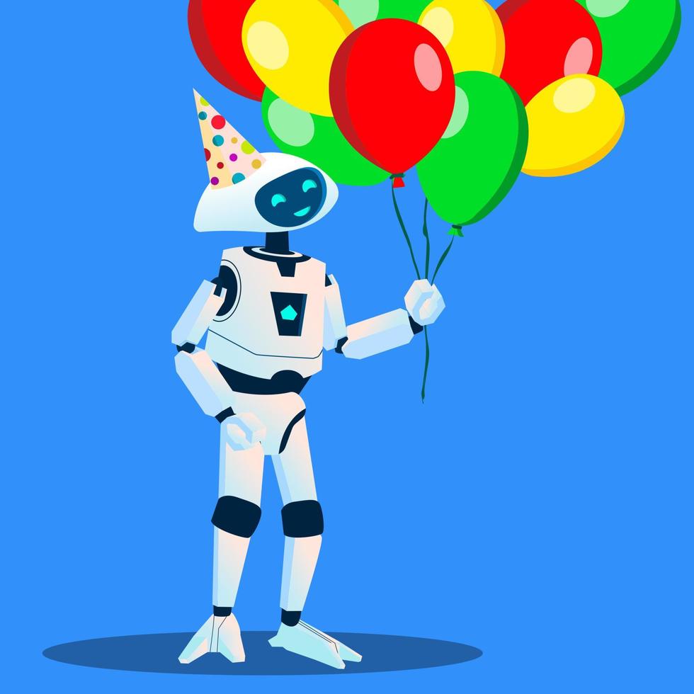 Robot Have Fun With Balloons In Hand And Festive Cap On Head Vector. Isolated Illustration vector