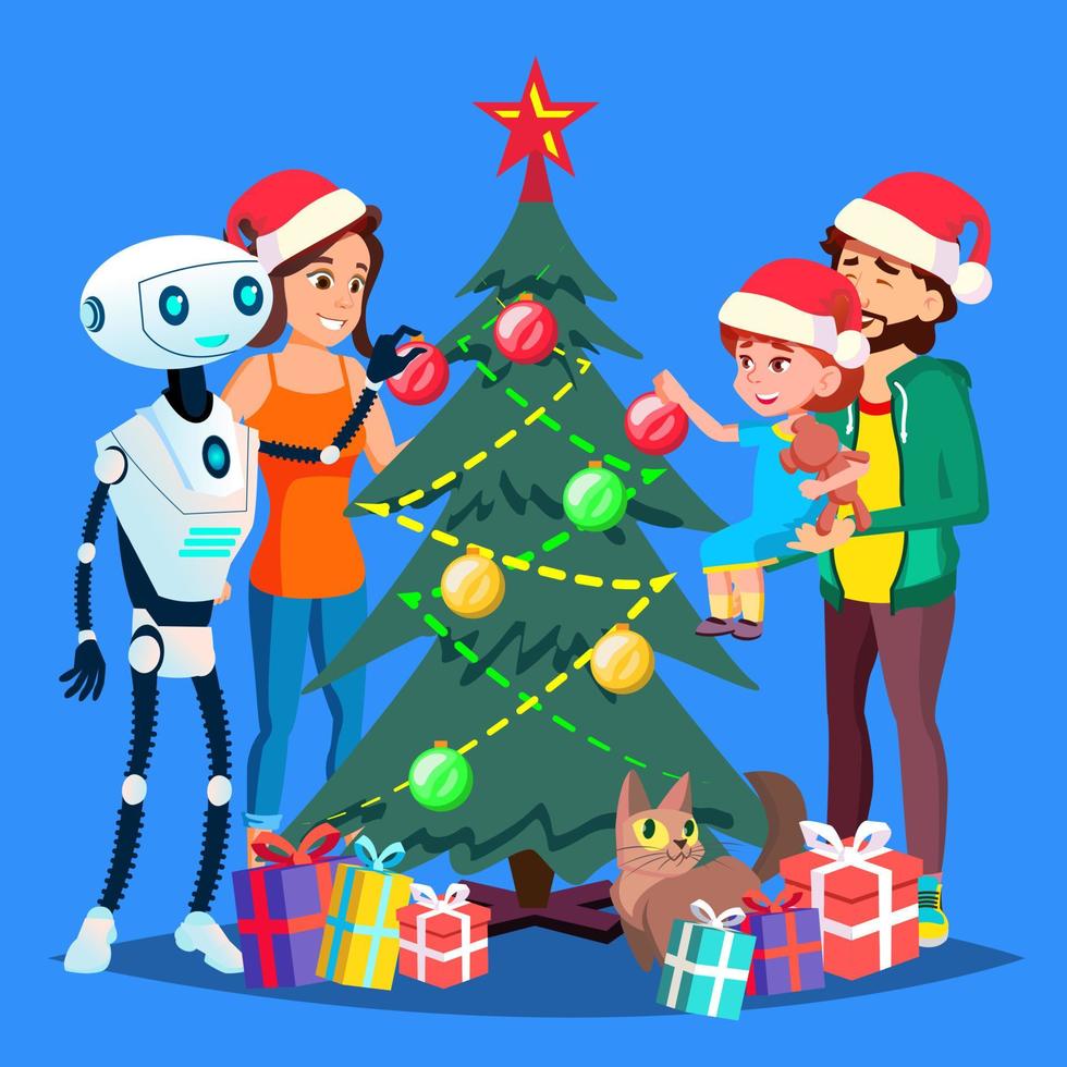 Robot Helps To Decorate Christmas Tree For Happy Family Vector. Isolated Illustration vector