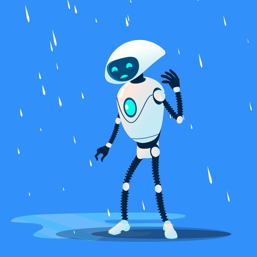 Sad Brocken Robot On Rain Vector. Isolated Illustration vector