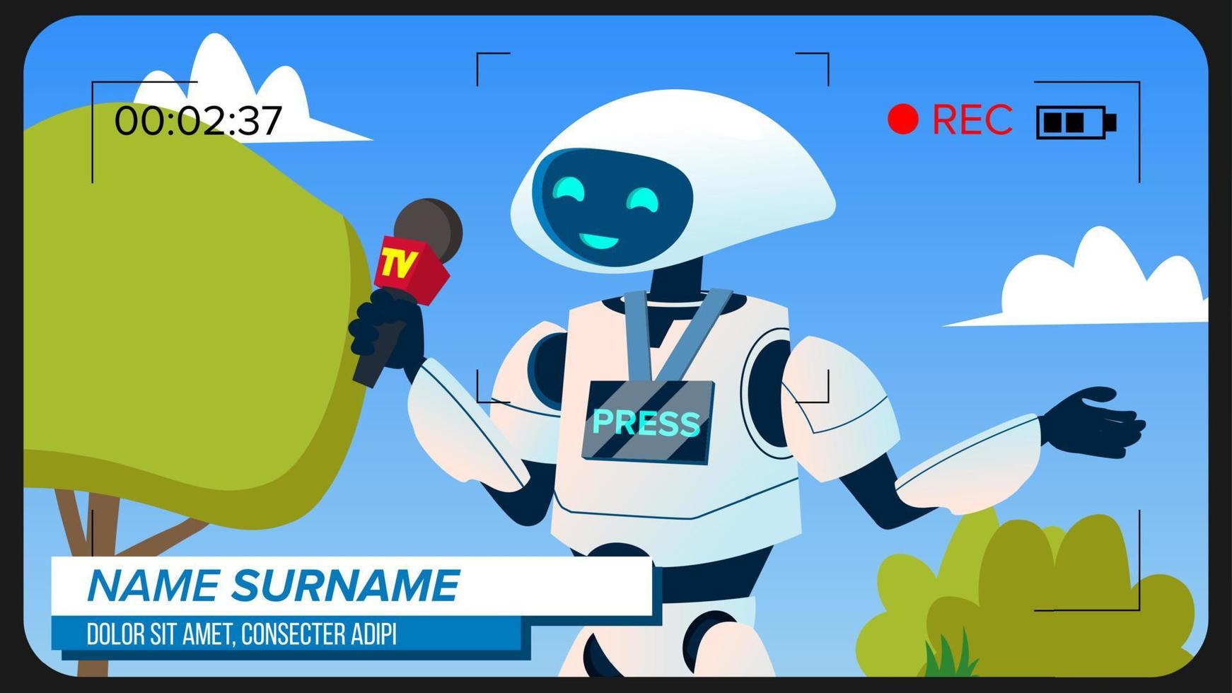 Robot Reporter Makes A Video Report Vector. Isolated Illustration vector