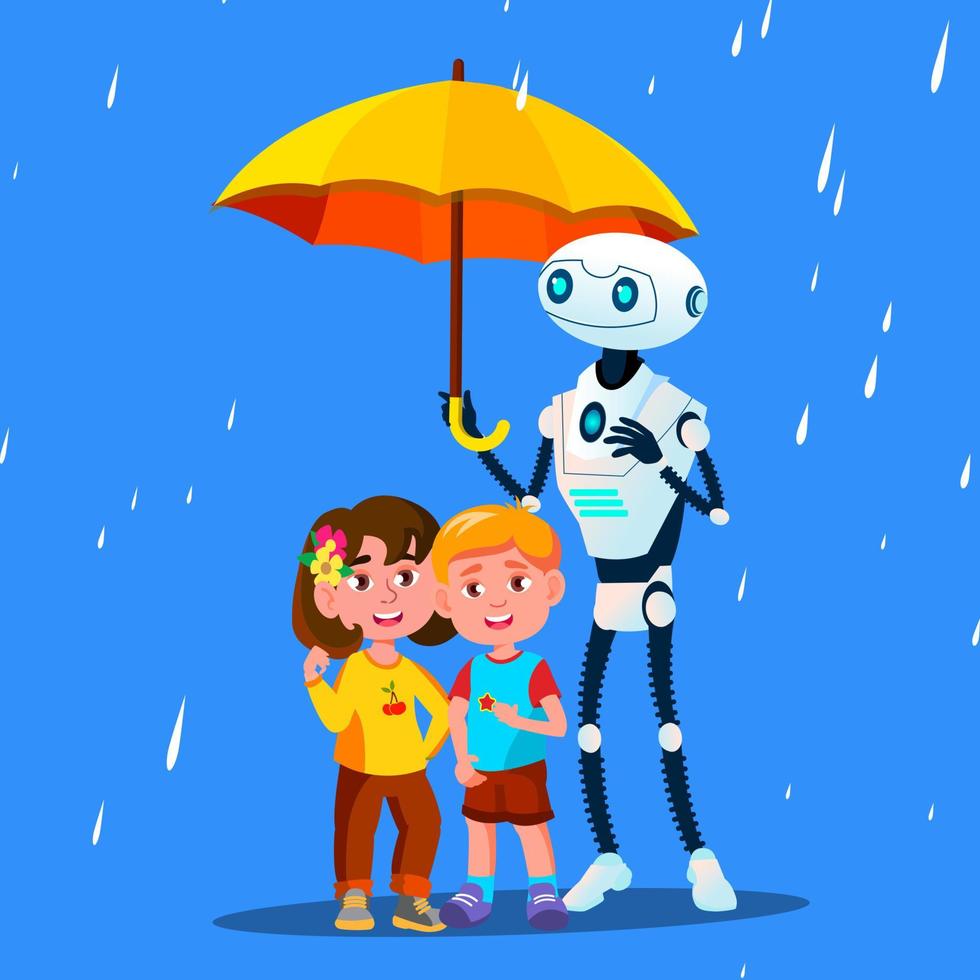 el robot mantiene un paraguas abierto sobre un niño pequeño durante el vector de lluvia. ilustración aislada