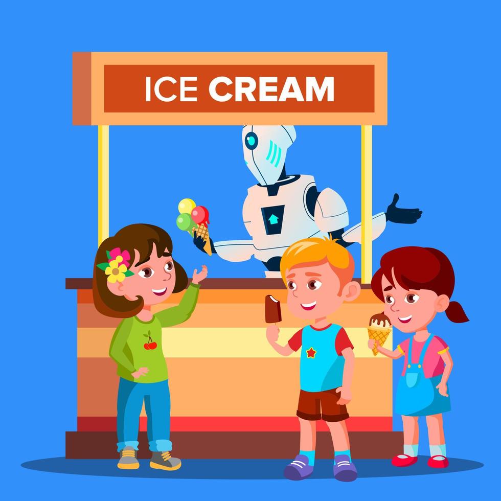 Robot Sells Ice Cream To Happy Boys And Girls Vector. Isolated Illustration vector