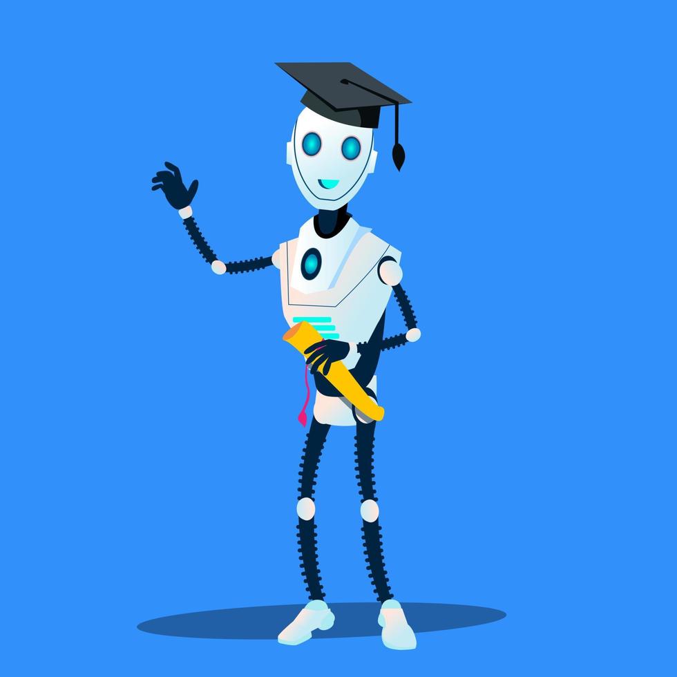 robot inteligente con gorra de posgrado y diploma en vector de manos. ilustración aislada