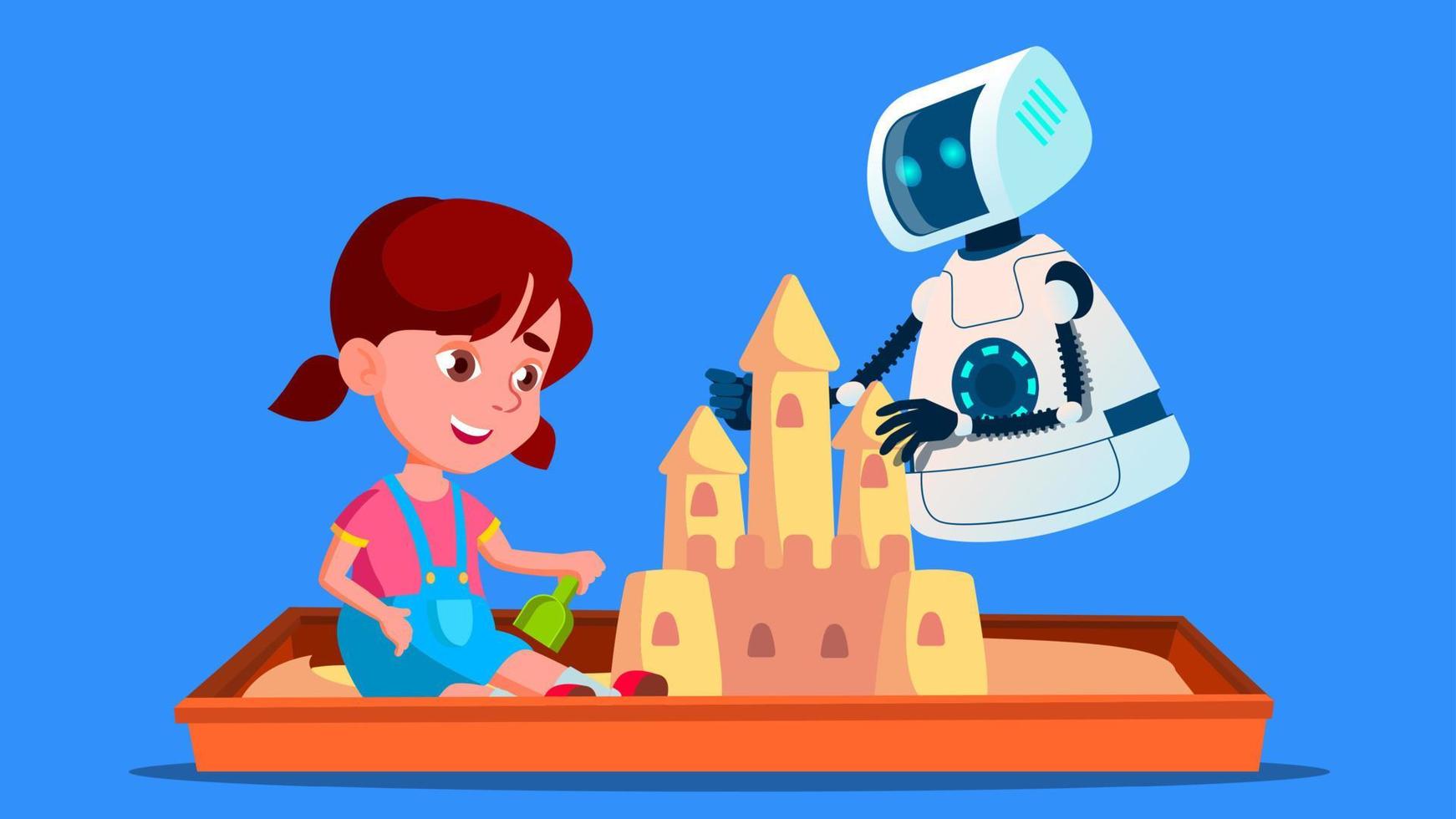 Robot Builds A Sand Castle With Little Child On The Sandbox Vector. Isolated Illustration vector