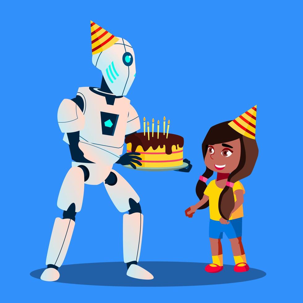 robot con pastel de cumpleaños en las manos en el vector de celebración. ilustración aislada
