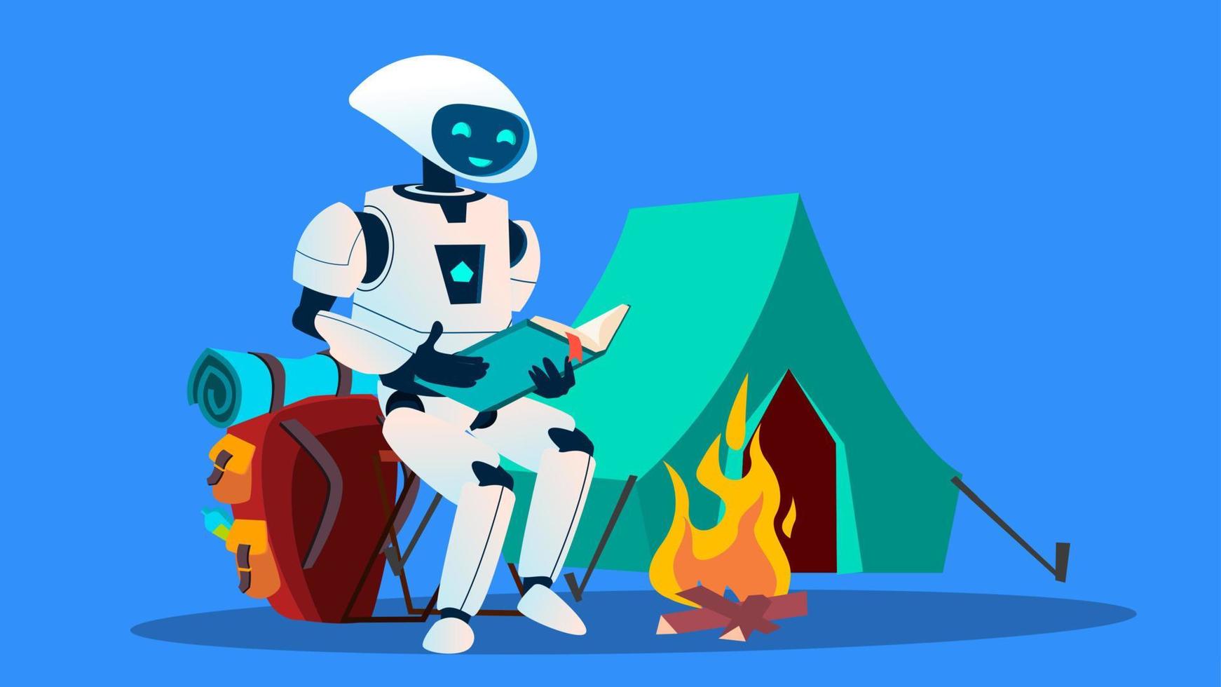 robot leyendo un libro cerca del vector de la chimenea. ilustración aislada