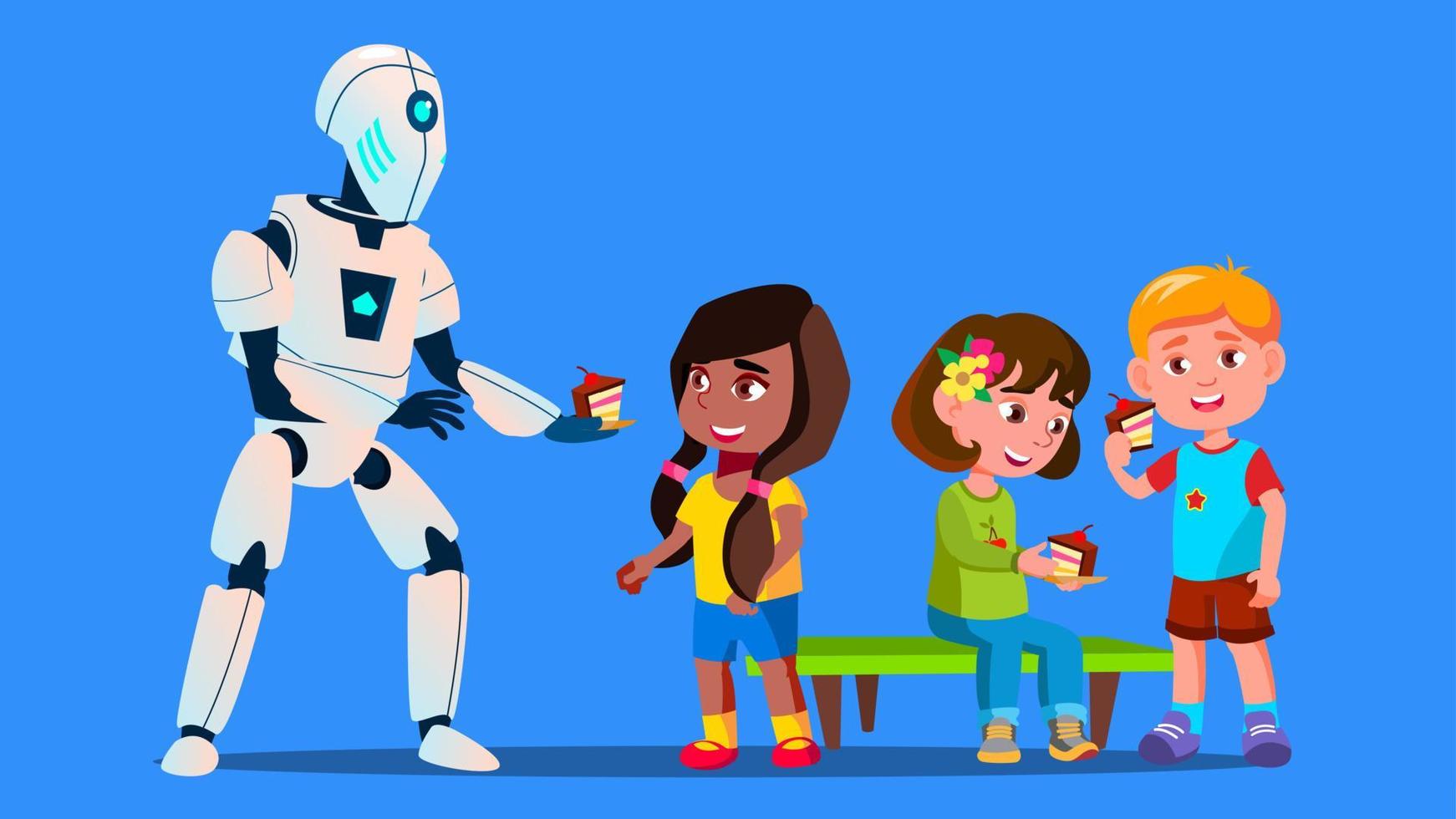 Robot Treats Children To Cakes Vector. Isolated Illustration vector