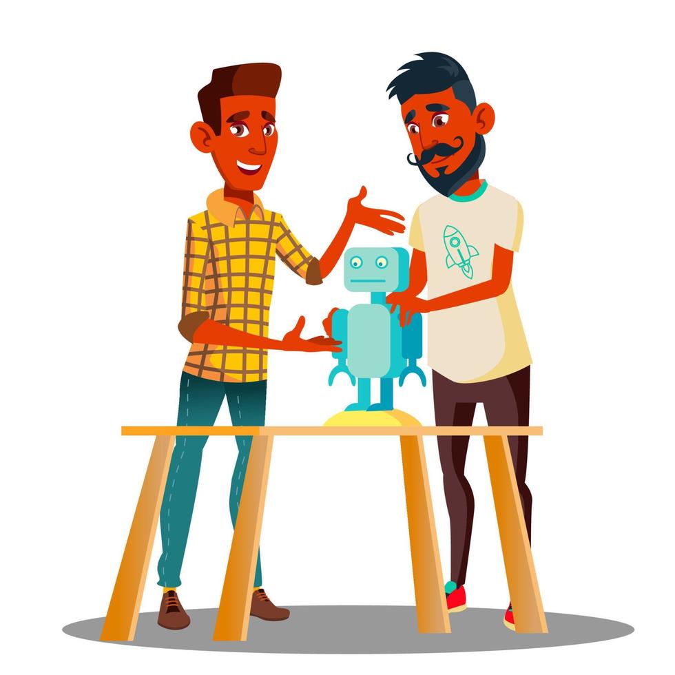 Two Smart Students Constructing A Robot In Classroom Vector. Isolated Illustration vector