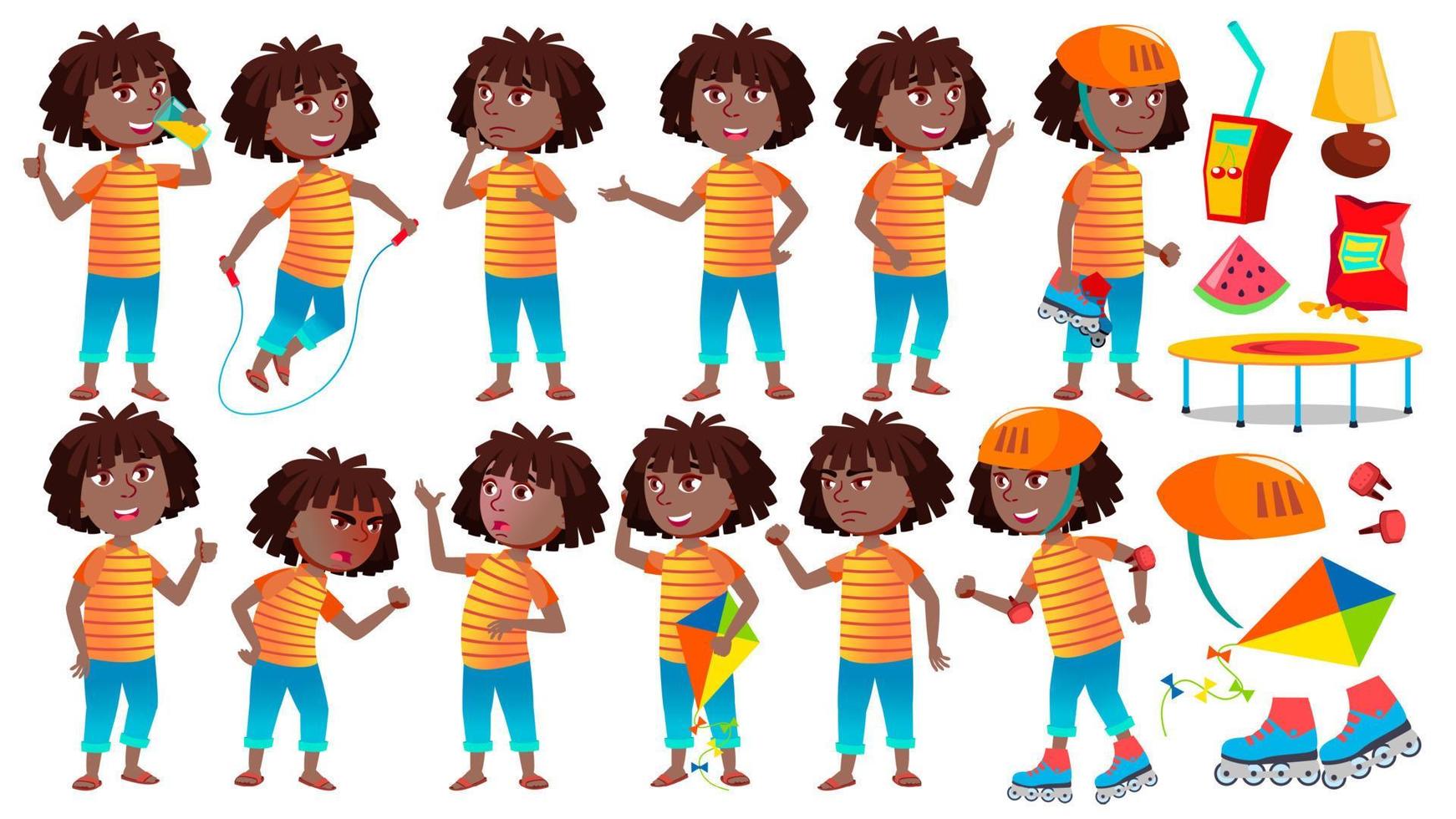 Girl Schoolgirl Kid Poses Set Vector. Black. Afro American. High School Child. Child Pupil. Active, Joy, Leisure. For Advertisement, Greeting, Announcement Design. Isolated Cartoon Illustration vector