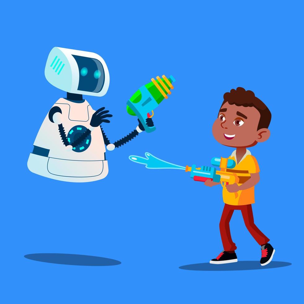 robot y niño divirtiéndose con el vector de pistolas de agua. ilustración aislada