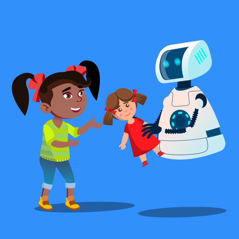 Robot Offering A Stuffed Toy To Little Cute Girl Vector. Isolated Illustration vector