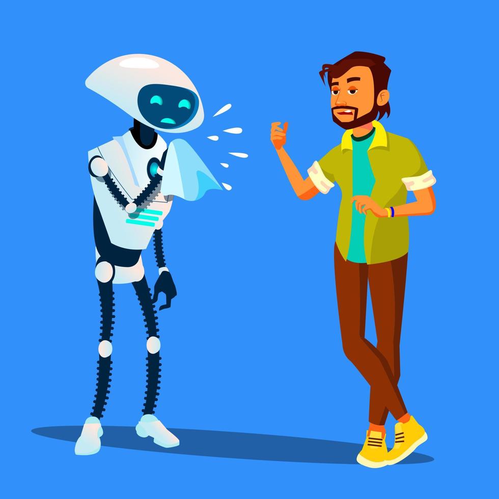 Sick Robot Sneezes At Scared Man Vector. Isolated Illustration vector