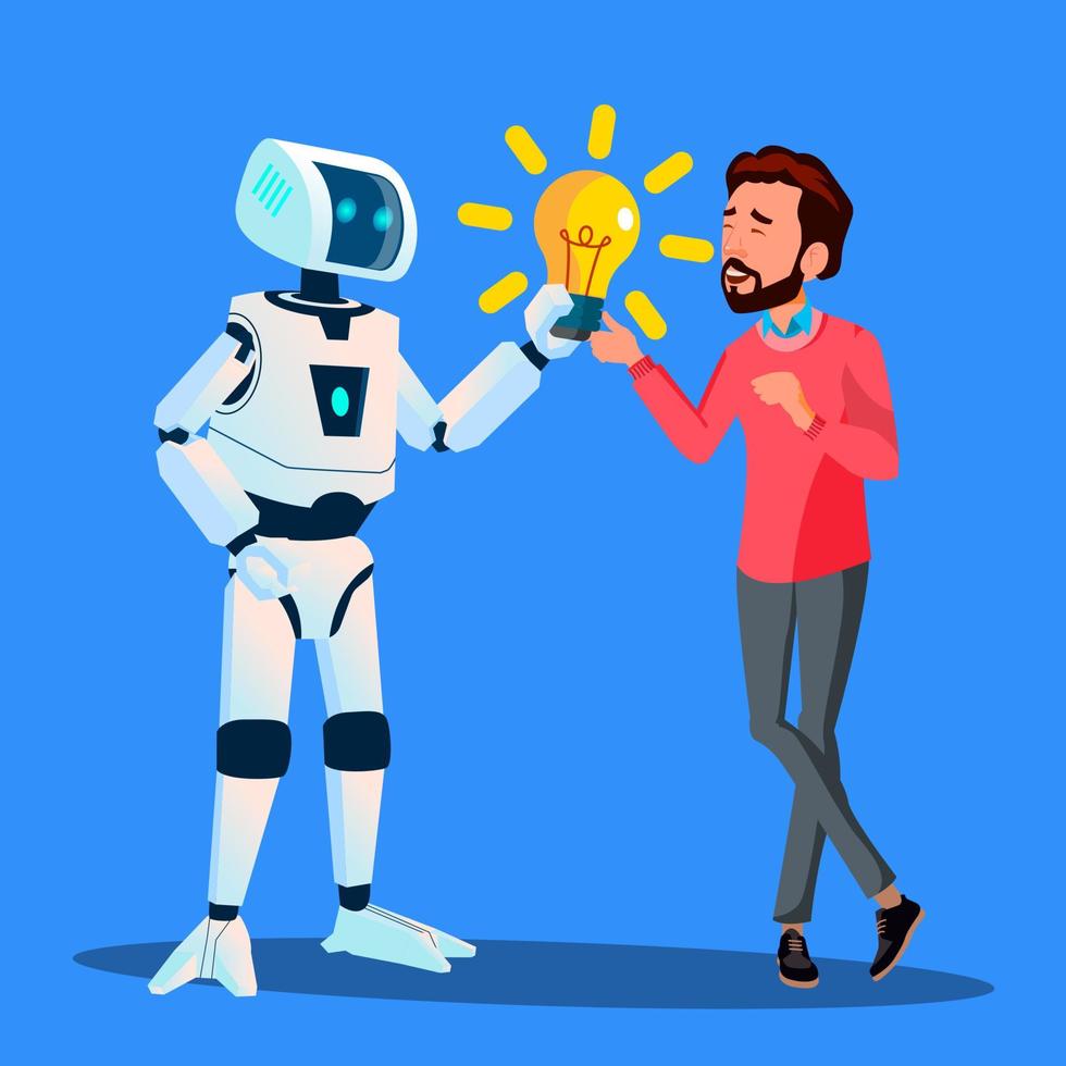 Robot Gives Yellow Light Bulb To Businessman Vector. Isolated Illustration vector