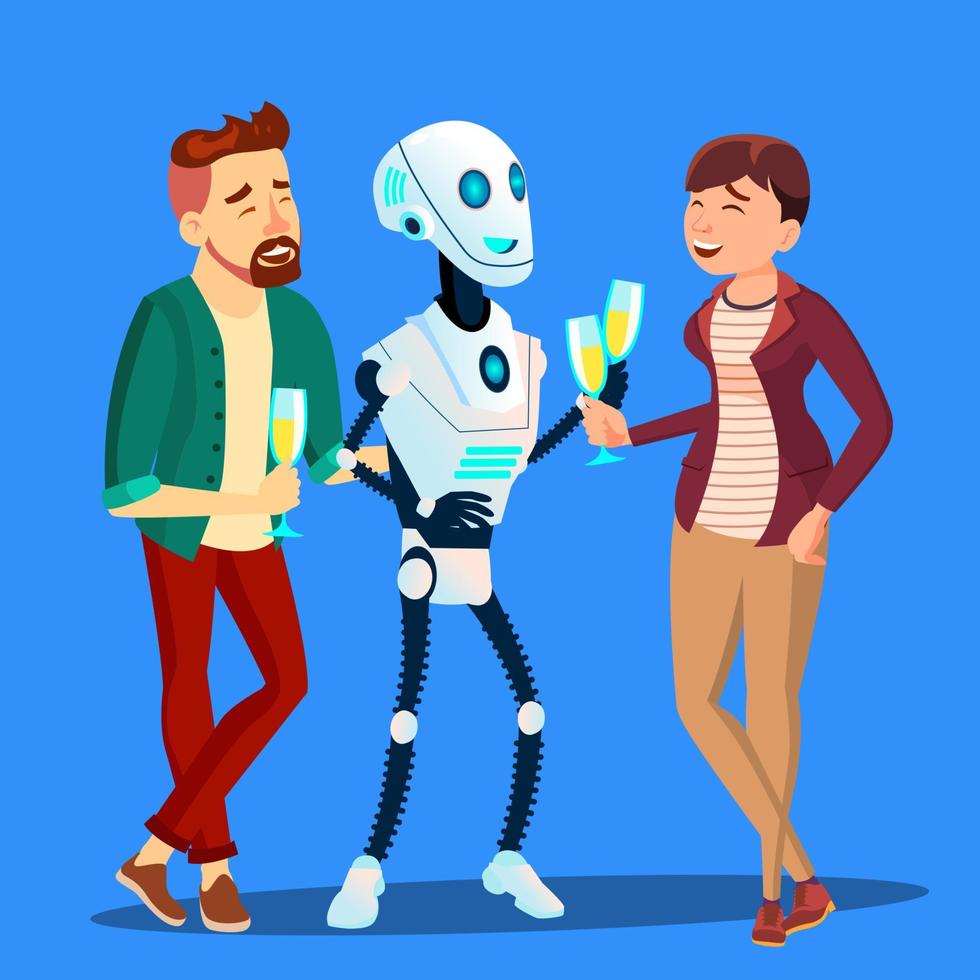 Robot Drinking Champagne And Laughing At Party With Man And Woman Vector. Isolated Illustration vector