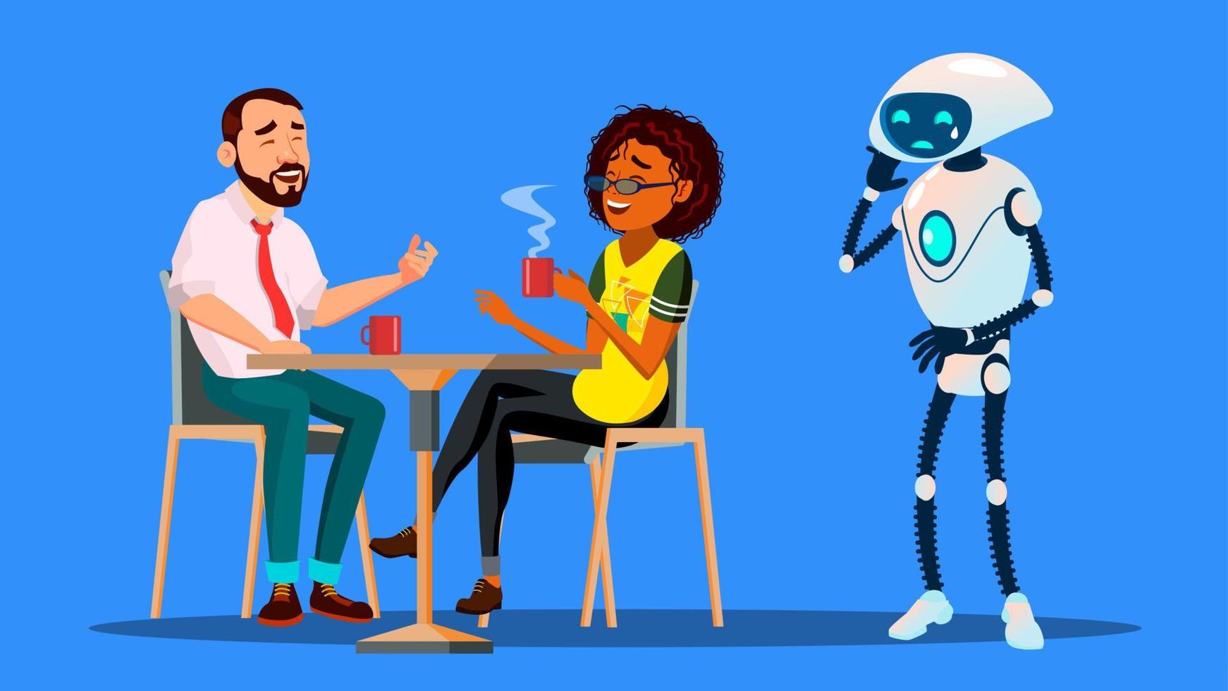 People Hanging Together In Restaurant And Ignoring Sad Robot Staying Alone Vector. Isolated Illustration vector
