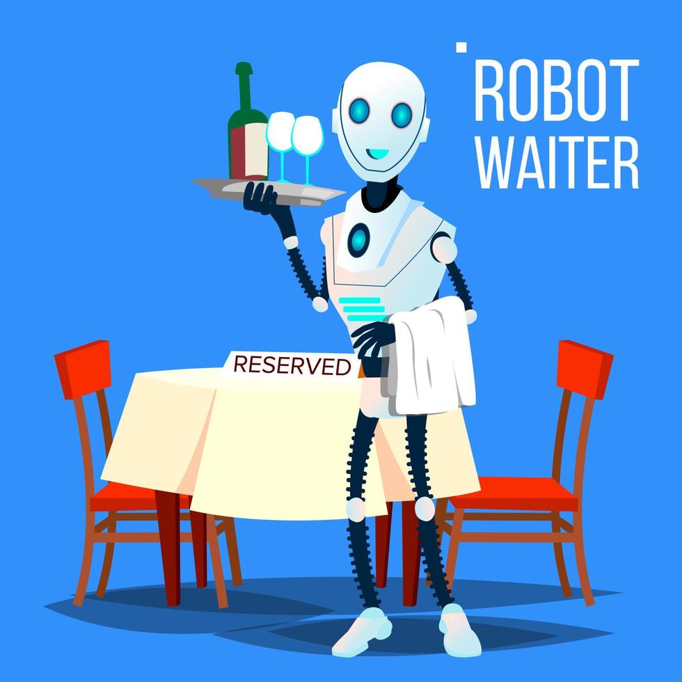 Robot Waiter Holding Tray With Drinks Vector. Isolated Illustration vector