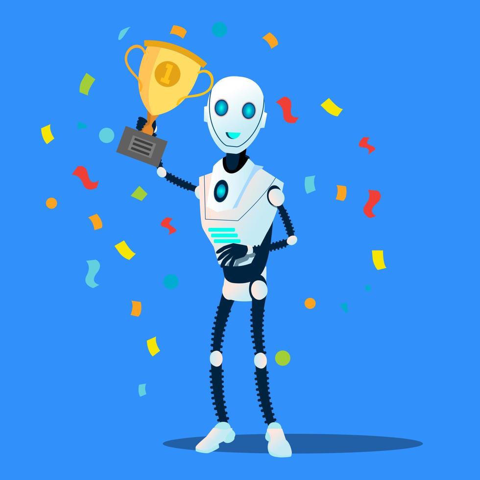 Robot Holds The Winner Cup In Hand Vector. Isolated Illustration vector