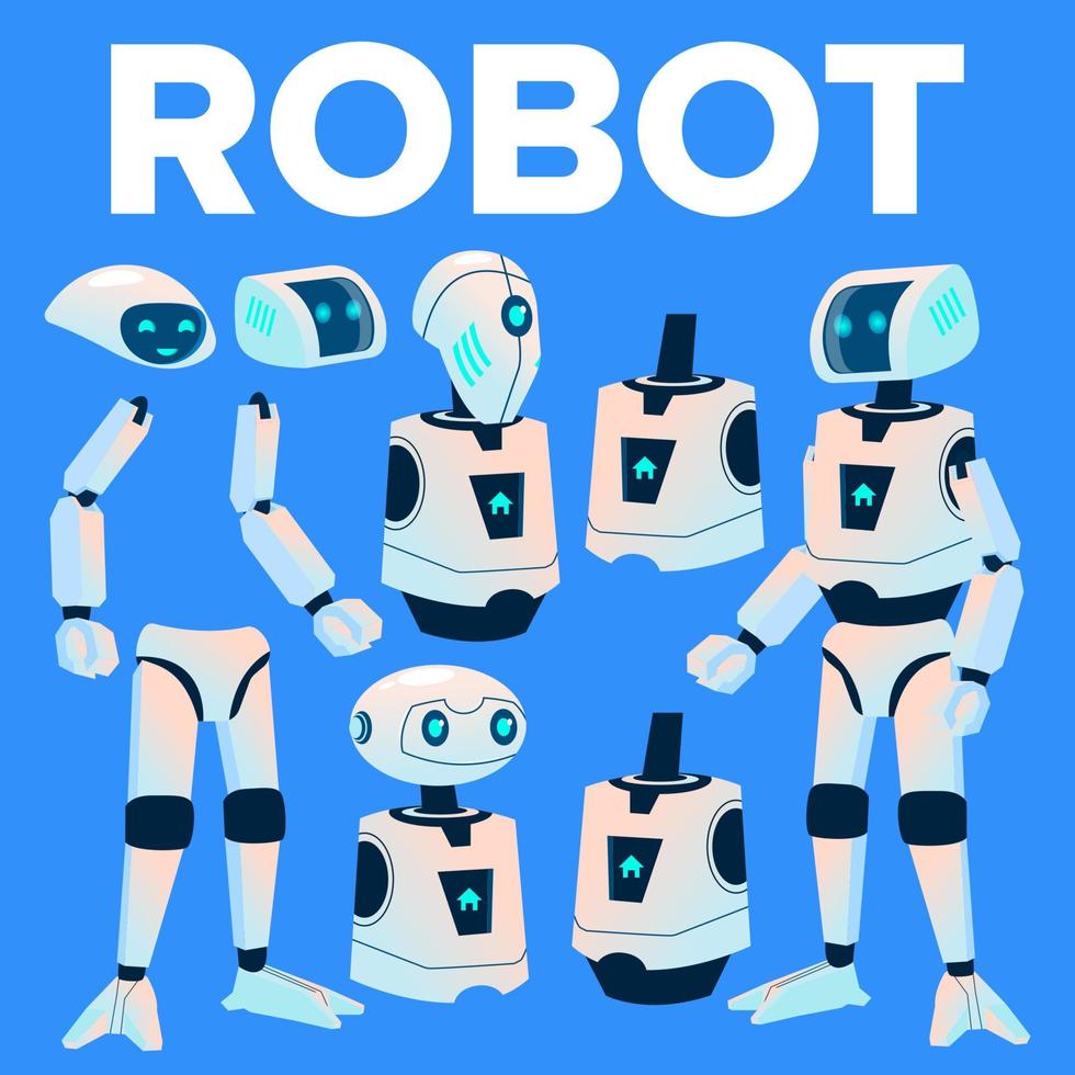 Robot Vector. Animation Creation Set. Modern Robot Helper. Head, Face, Gestures. Animated Artificial Intelligence. For Banner, Flyer, Web Design. Humanoid Character. Isolated Illustration vector