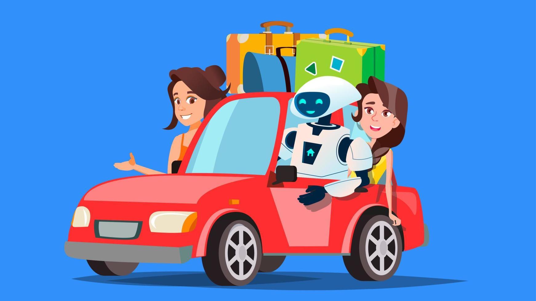 Robot And People Travelling By Car With Suitcases Vector. Autonomous Car. Isolated Illustration vector