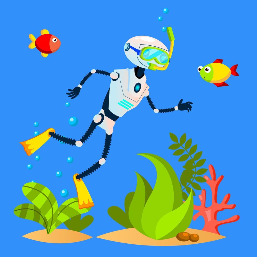 Robot Tourist Swimming Among Fish With Diving Mask Vector. Isolated Illustration vector