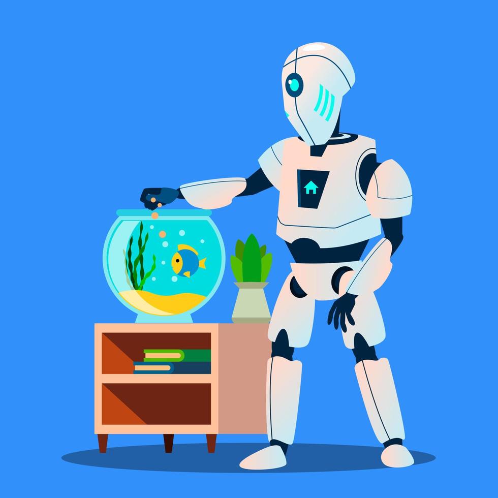 Robot Feeds Beautiful Fish In Aquarium Vector. Isolated Illustration vector
