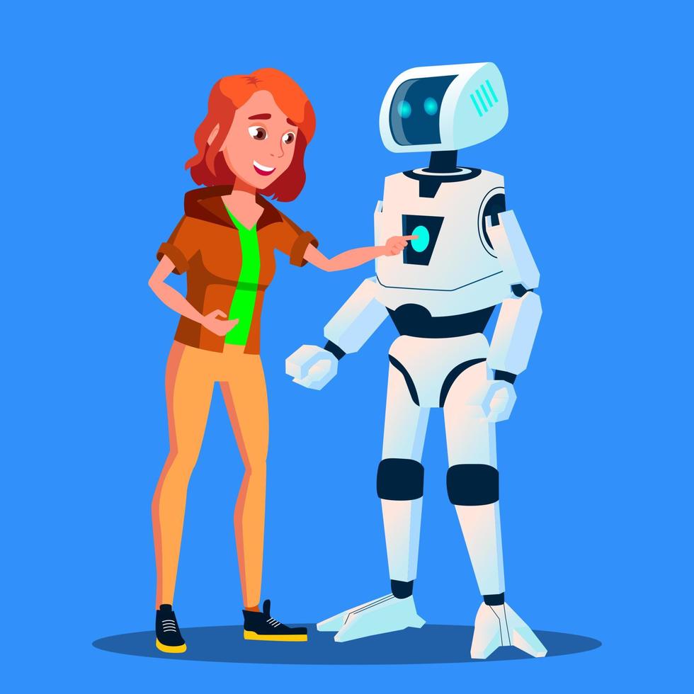 niña lanzando el panel de control del vector auxiliar de robot doméstico inteligente. ilustración aislada