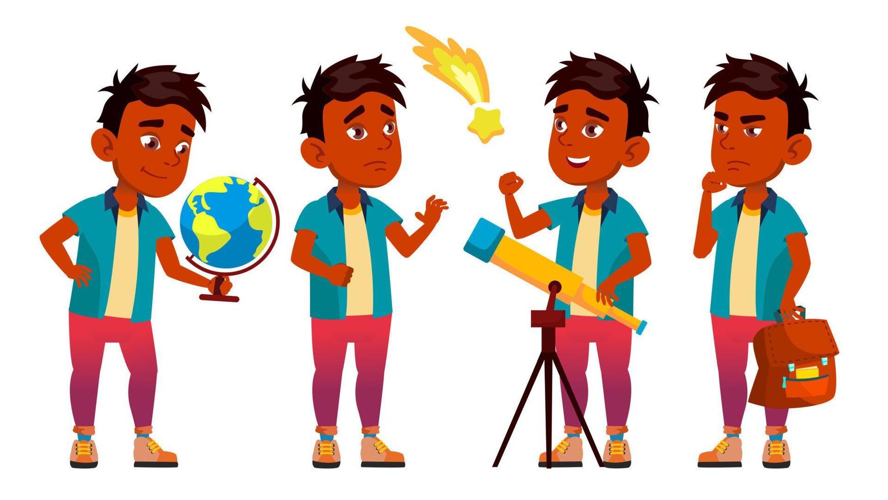 Indian Boy Schoolboy Set Vector. Primary School Child. Astronomy. Discover Planet. Student Activity. Educate. Kids, Positive. For Postcard, Announcement, Cover Design. Isolated Cartoon Illustration vector
