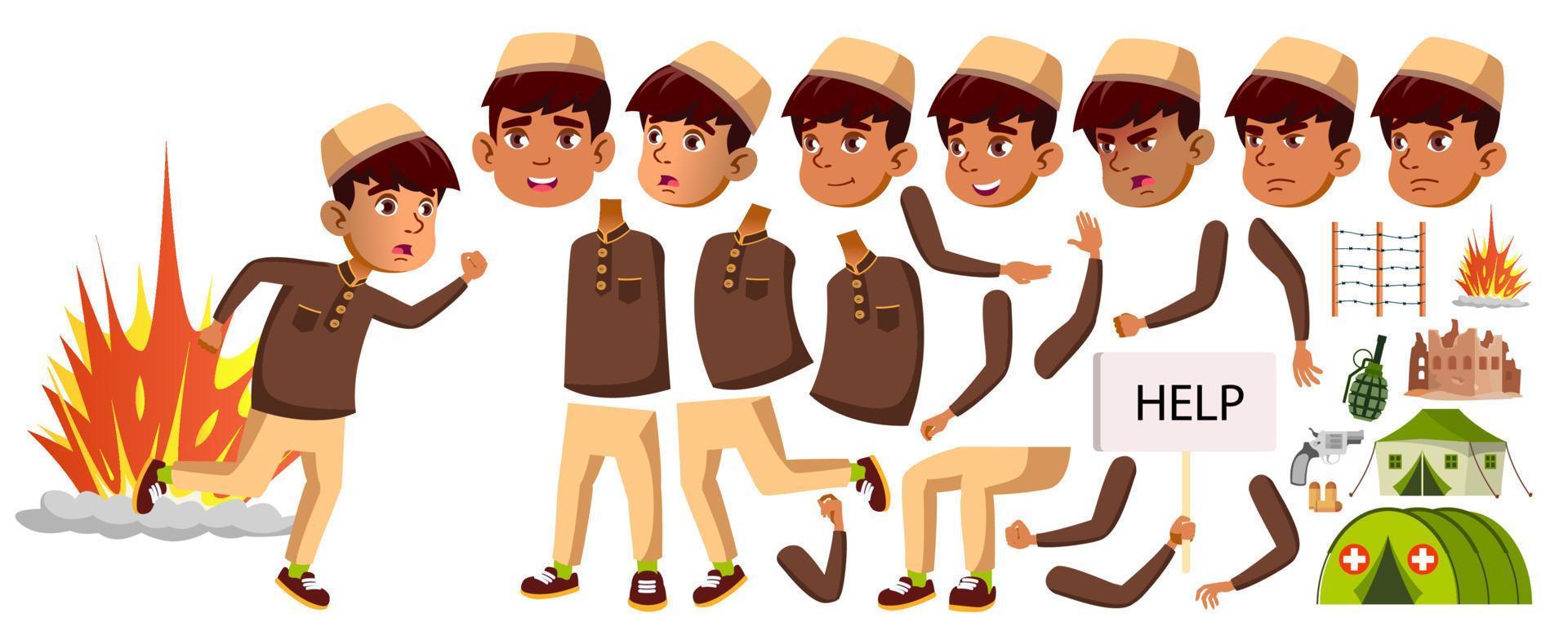 vector de niño árabe, musulmán, colegial. conjunto de creación de animación. para banner, volante, diseño de folleto. enfrentar emociones, gestos. refugiado, conflicto militar, guerra. ilustración animada