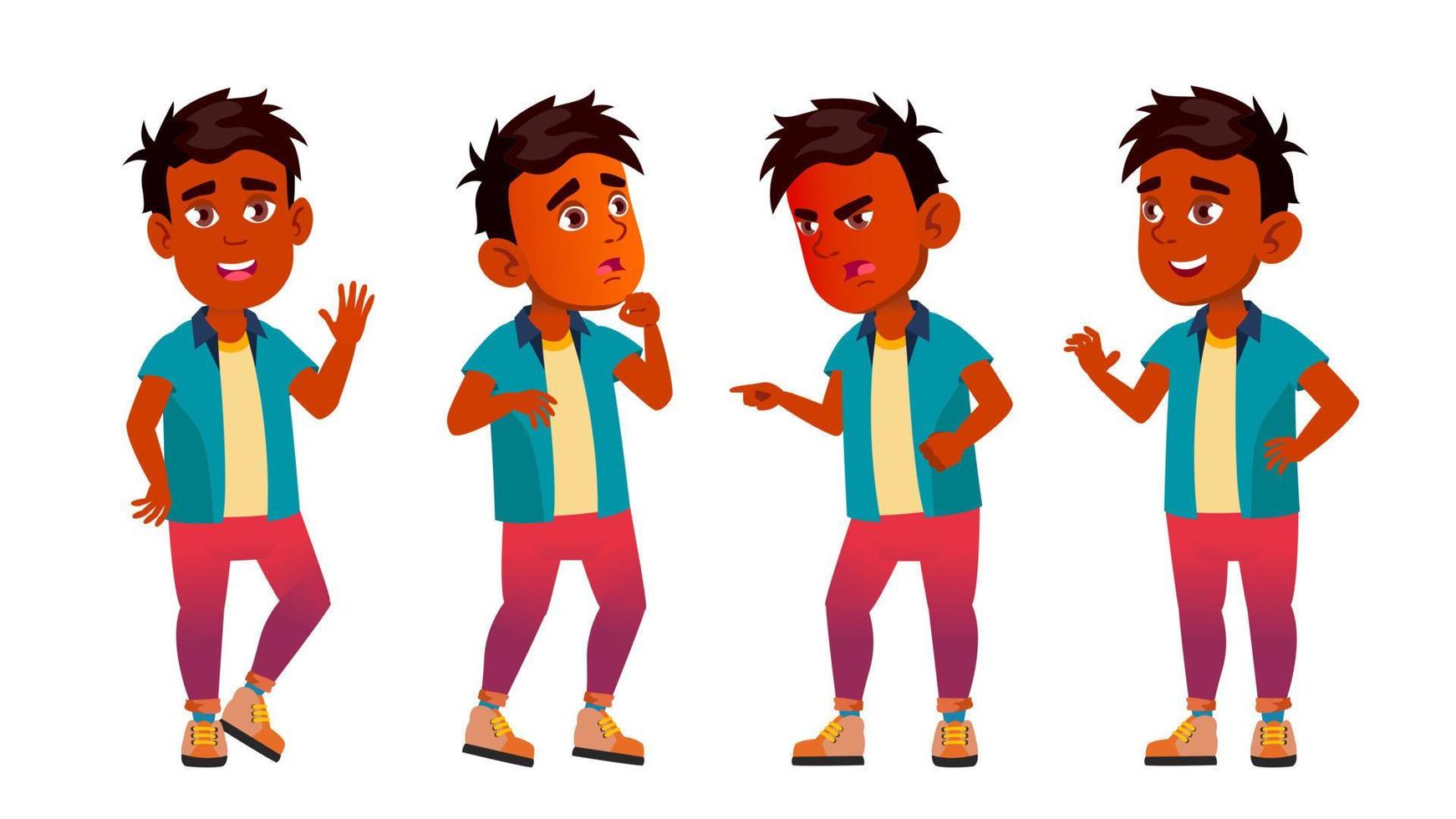chico indio poses set vector. niño de primaria. inteligente persona positiva. ropa casual. para banner, volante, diseño de folleto. ilustración de dibujos animados aislados vector