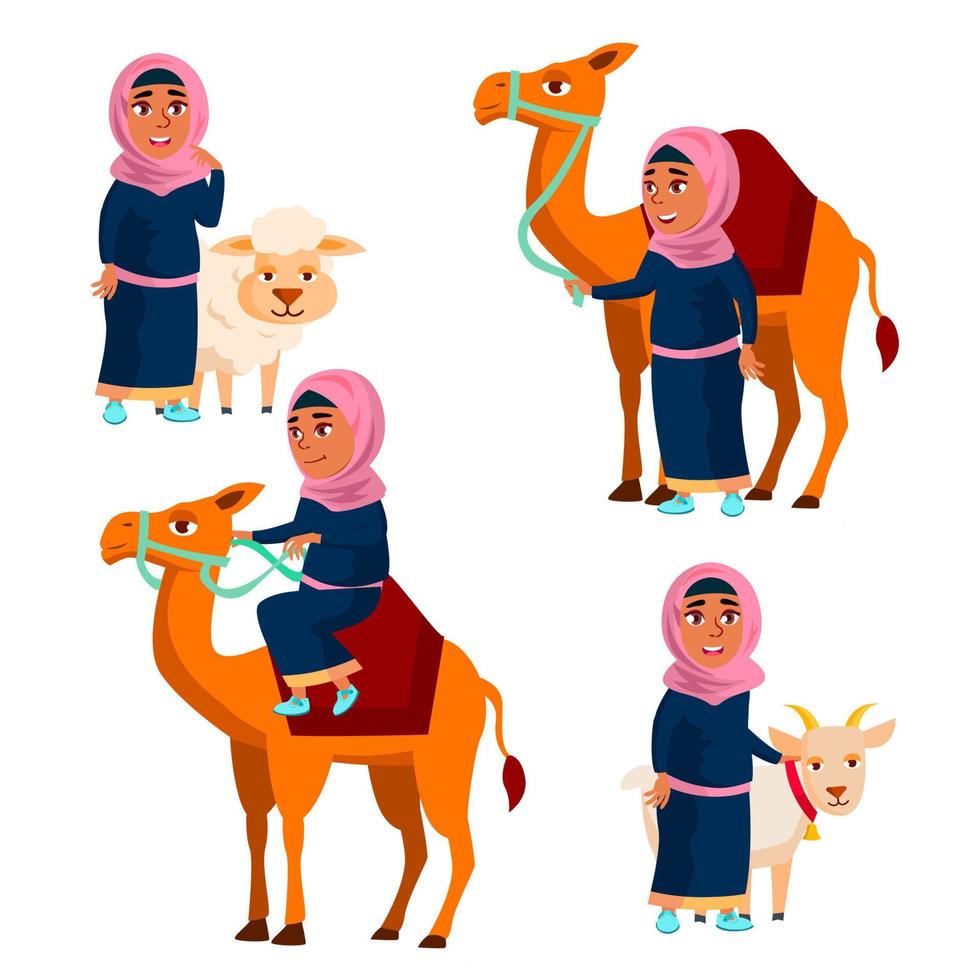 chica árabe musulmana establece vector. ropa tradicional. camello, oveja, cabra. para web, afiche, diseño de folletos. ilustración de dibujos animados aislados vector