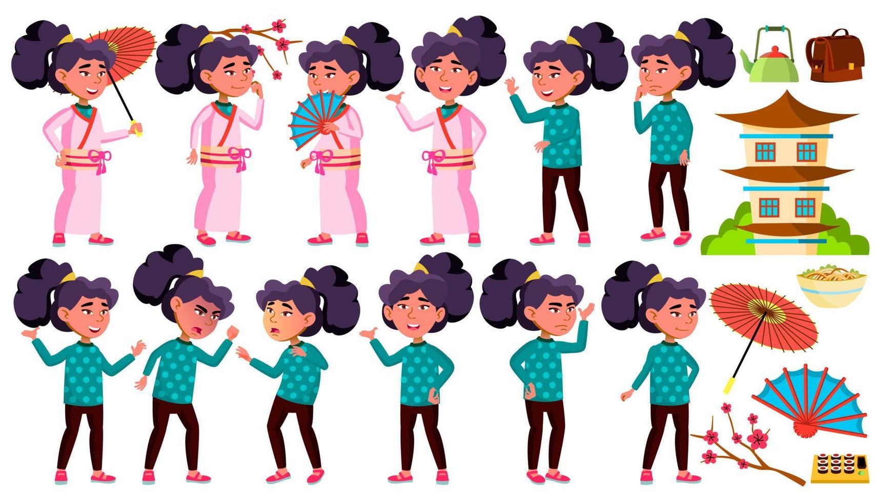 niña asiática niño plantea establecer vector. niño de escuela primaria. kimono, sakura, paraguas. belleza. expresión, infancia feliz, persona positiva. para banner, volante, diseño de folleto. ilustración de dibujos animados aislados vector