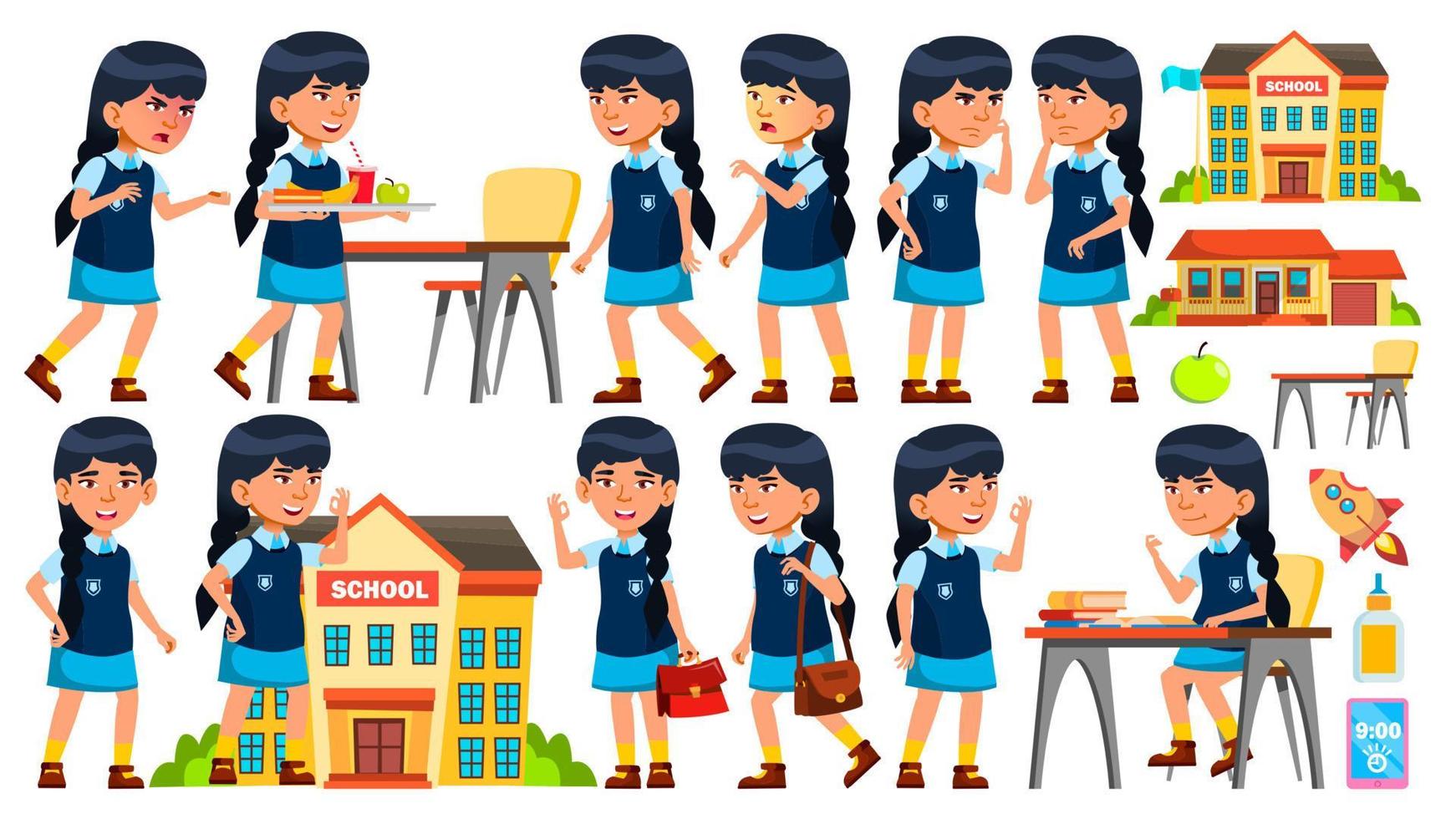 Asian Girl Vector. Primary School Child. Animation Creation Set. Face Emotions, Gestures. Life, Emotional, Pose. For Presentation, Print, Invitation Design. Animated. Cartoon Illustration vector