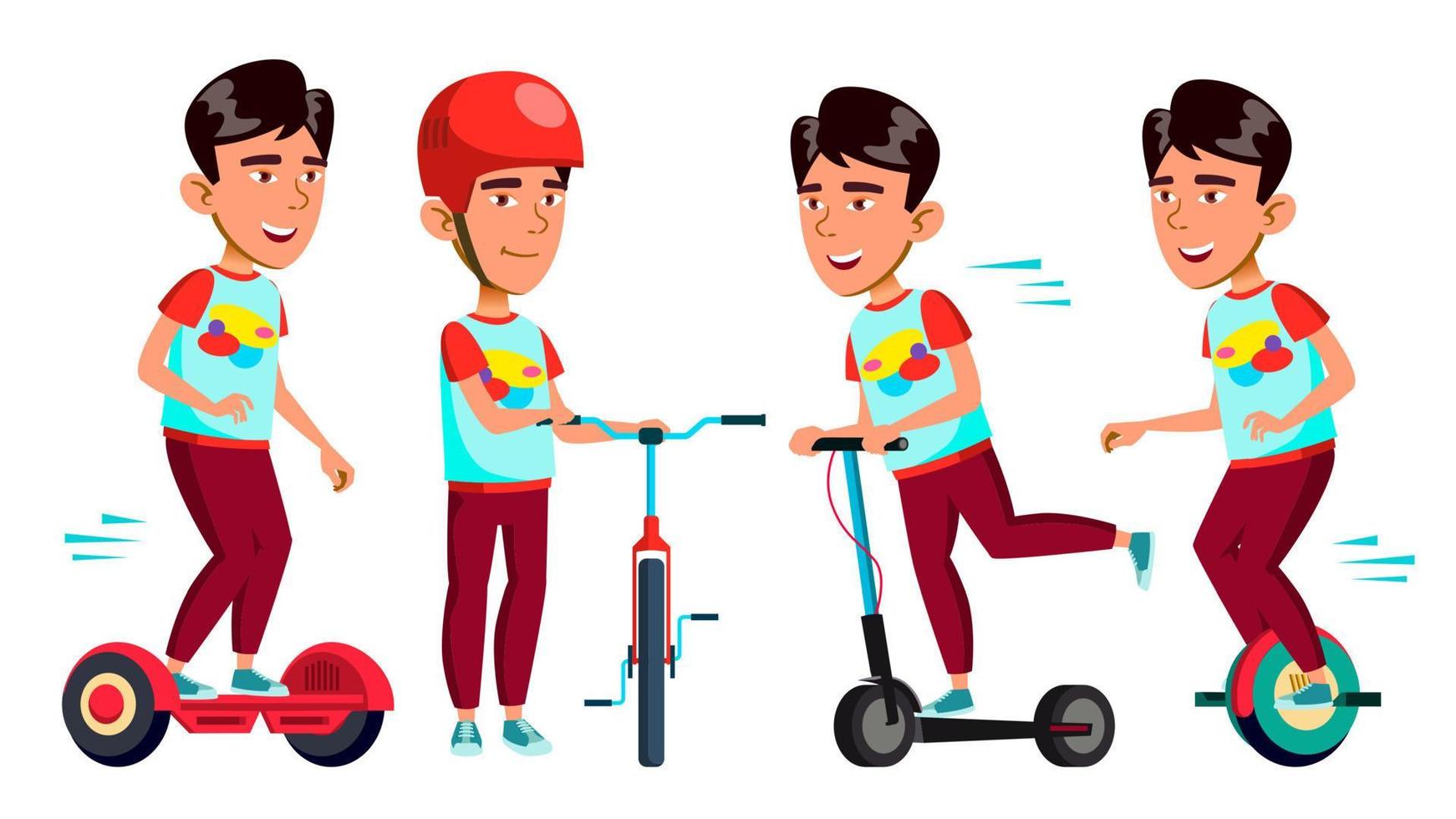 Asian Boy Vector. Primary School Child. Student Expression. Summer Activity. Bike, Scooter. Rides On Mono Cycle. Lifestyle. For Print, Invitation Design. Isolated Cartoon Illustration vector