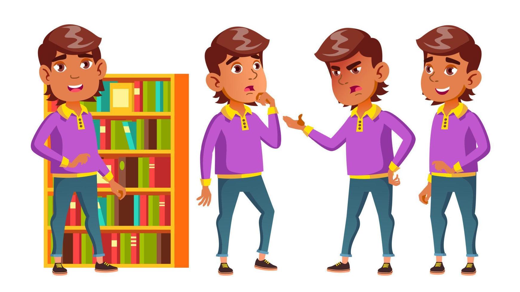 Arab, Muslim Boy Schoolboy Kid Poses Set Vector. Primary School Child. Funny Children. Lesson. Library. Lifestyle, Friendly. For Advertising, Booklet, Placard Design. Cartoon Illustration vector