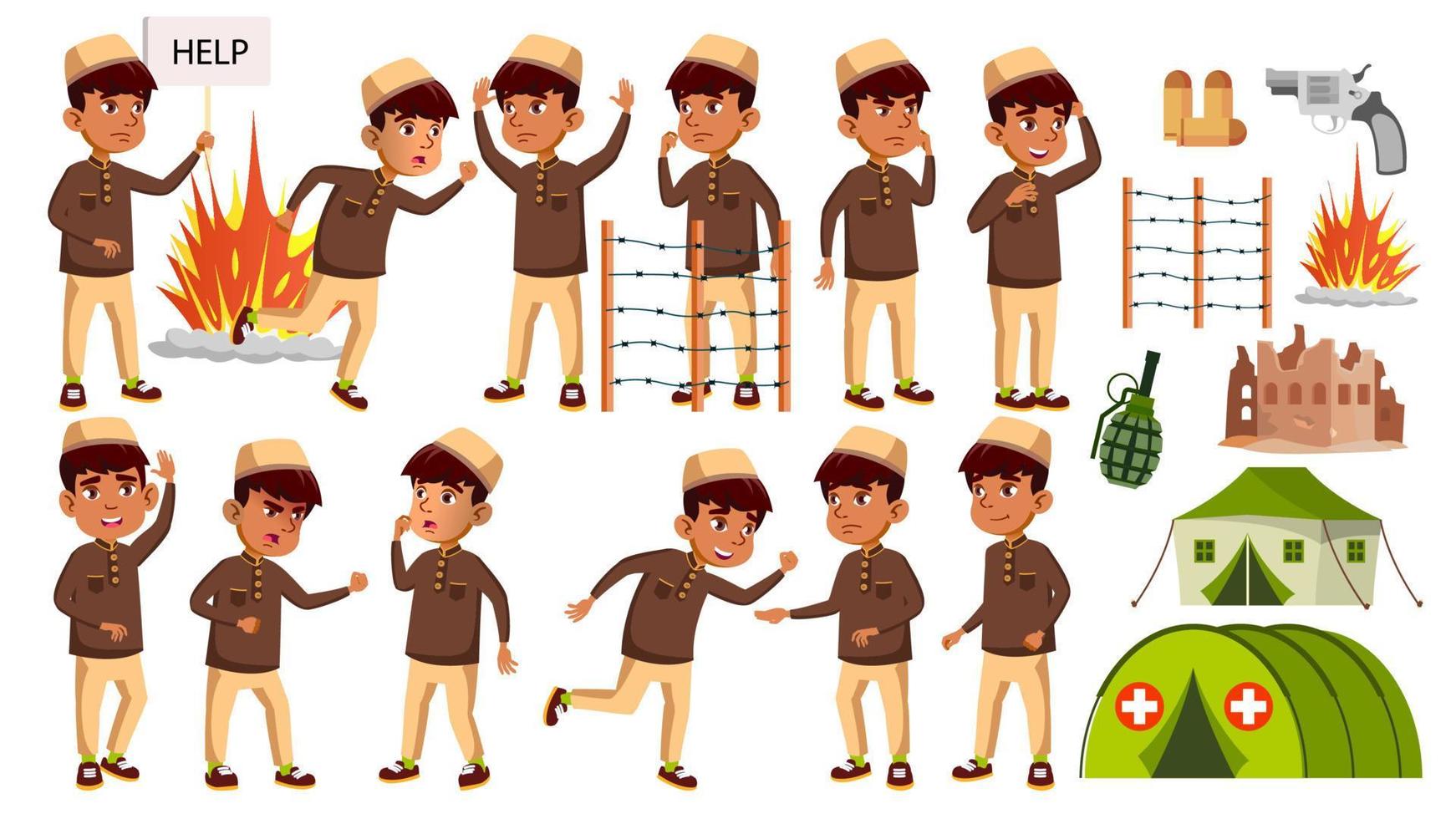 Arab, Muslim Boy Kid Poses Set Vector. Refugee, Military Conflict, War. Children. For Advertisement, Announcement Design. Isolated Cartoon Illustration vector