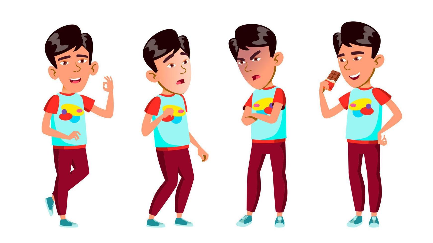 Asian Boy Schoolboy Set Vector. Primary School Child. Little Kid. Face. For Postcard, Cover, Placard Design. Isolated Cartoon Illustration vector