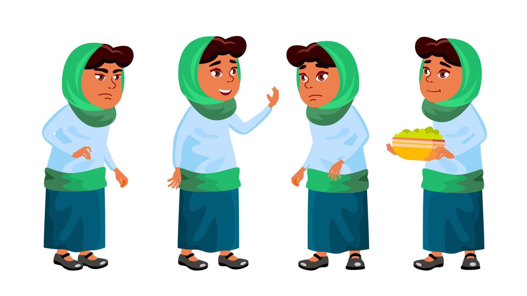 Arab, Muslim Girl school, Girl Kid Poses Set Vector. Primary School Child. For Postcard, Announcement, Cover Design. Isolated Cartoon Illustration vector