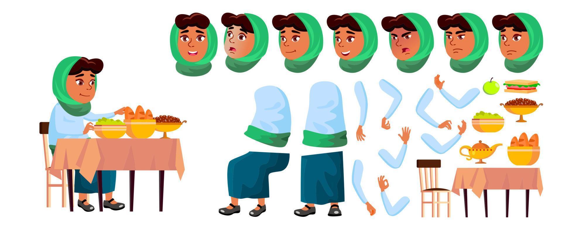 Arab, Muslim Girl Vector. Animation Creation Set. Face Emotions, Gestures. Smile. Food, Table, Lunch, Traditional Breakfast. For Web, Poster, Booklet Design. Animated. Cartoon Illustration vector