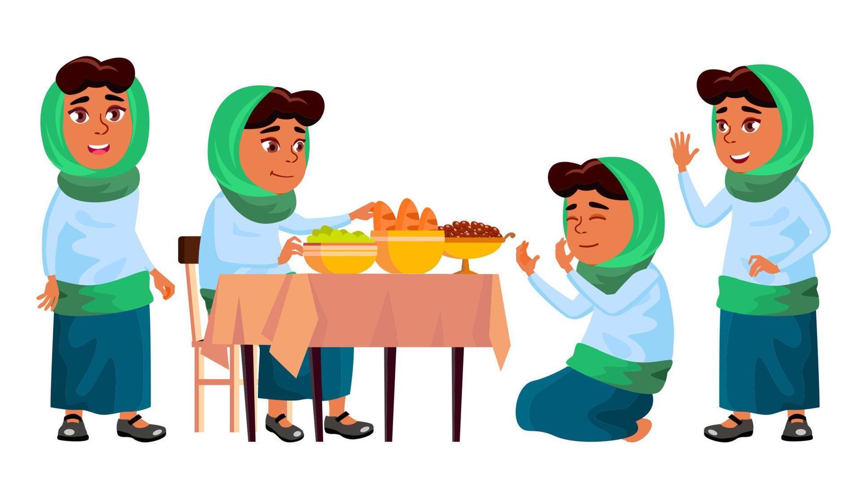 Arab, Muslim Girl Set Vector. Prayer. Religion. Breakfast. Traditional Clothes. For Banner, Flyer, Web Design. Isolated Cartoon Illustration vector