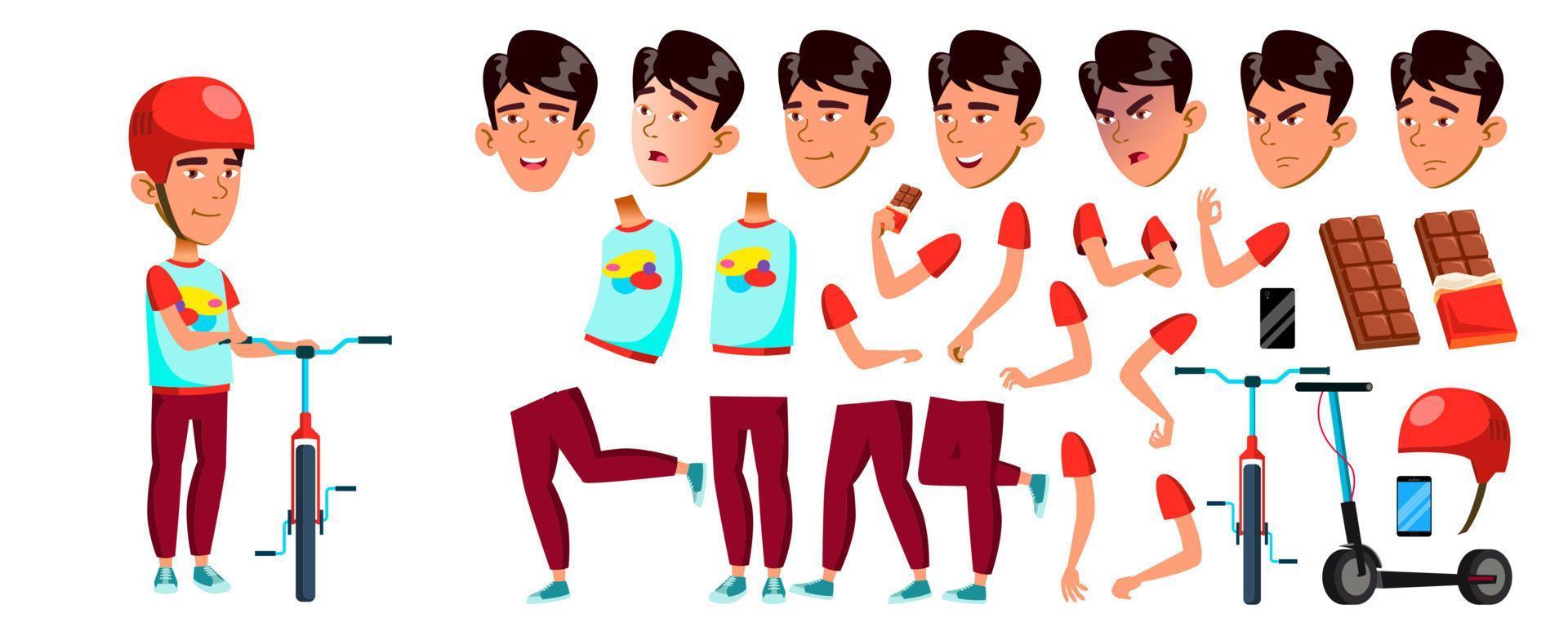 Asian Boy Boy Schoolboy Kid Vector. Primary School Child. Animation Creation Set. Children. Smile. For Presentation, Print, Invitation Design. Face Emotions, Gestures. Animated. Illustration vector