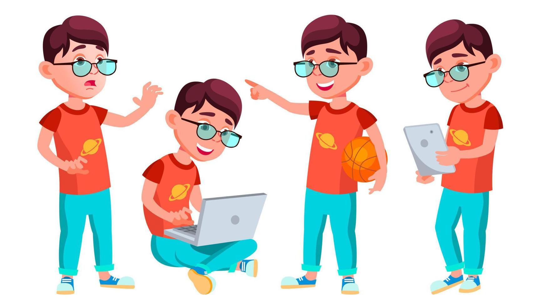 Boy Schoolboy Kid Poses Set Vector. Primary School Child. Clever Positive Person. Casual Clothes. For Banner, Flyer, Brochure Design. Isolated Cartoon Illustration vector