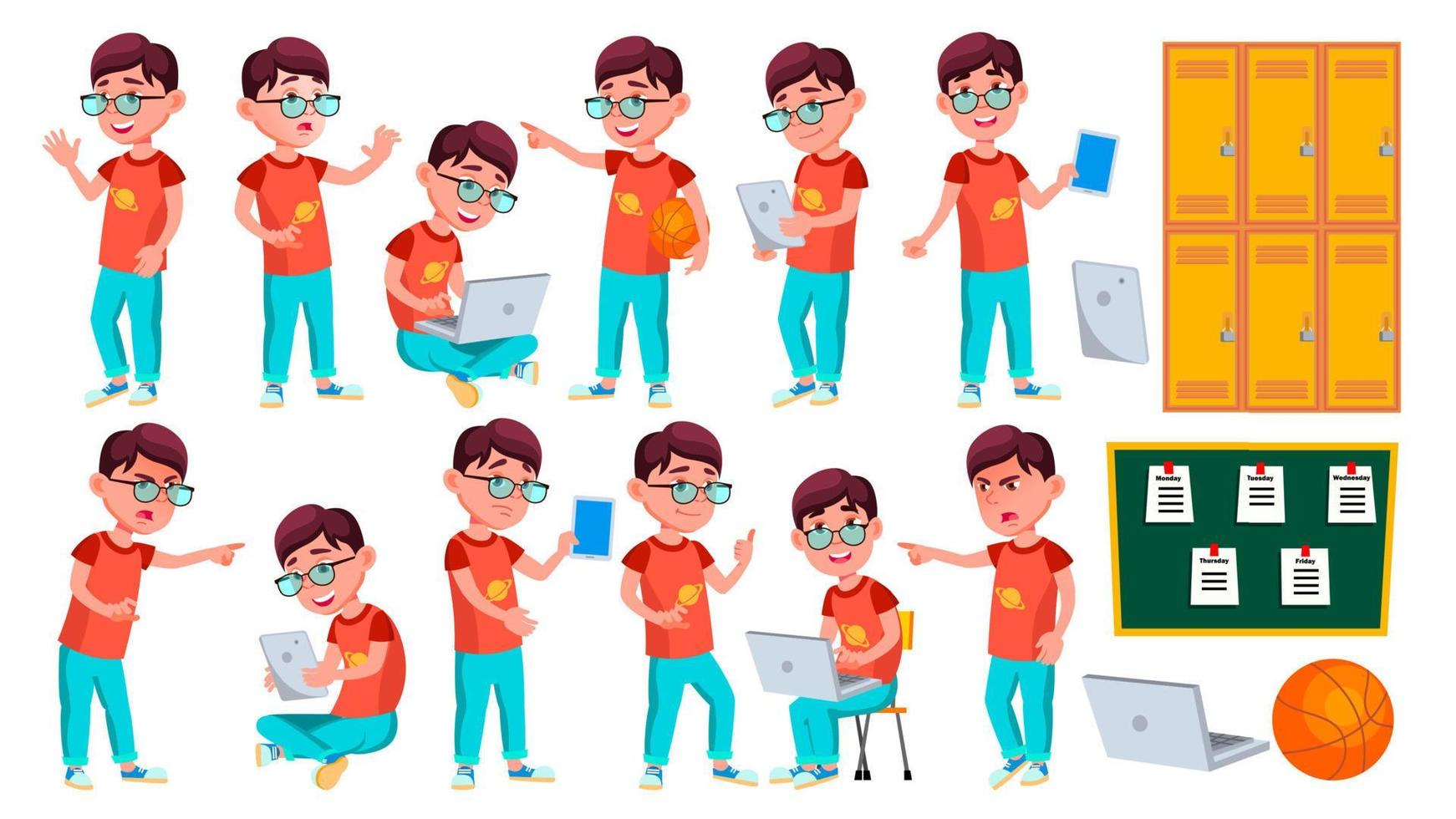 Boy Schoolboy Kid Poses Set Vector. Primary School Child. Schooler. Young People. University, Graduate. For Advertising, Placard, Print Design. Isolated Cartoon Illustration vector