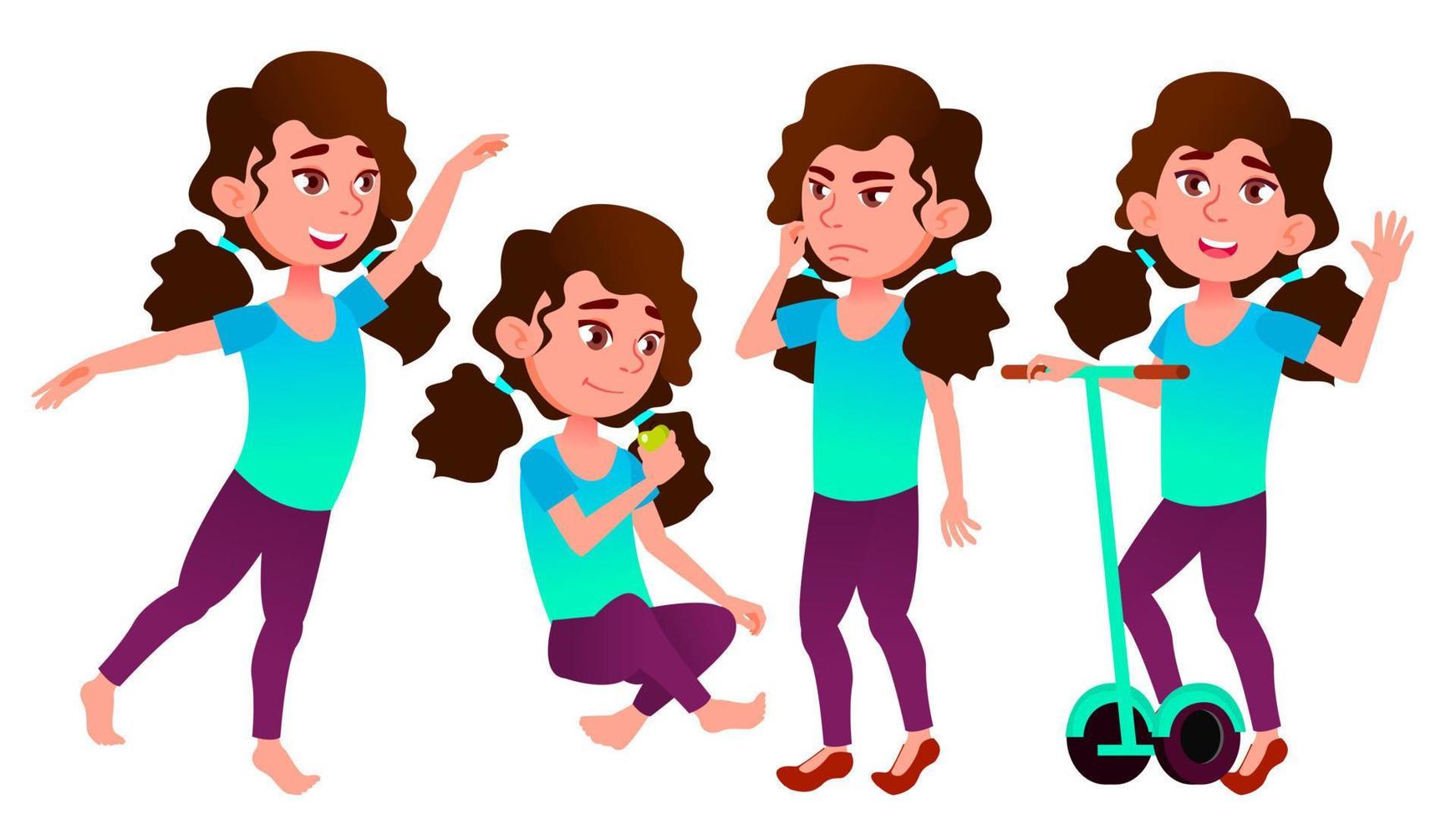 Girl Schoolgirl Kid Poses Set Vector. High School Child. Secondary Education. Casual Clothes, Friend. For Advertisement, Greeting, Announcement Design. Isolated Cartoon Illustration vector